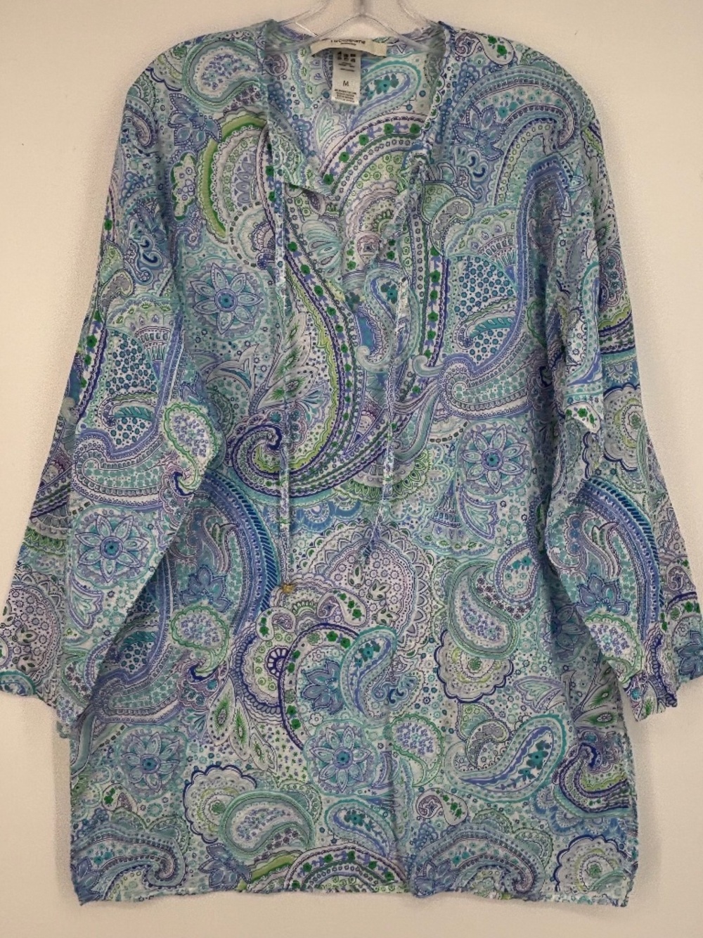 Liz Claiborne Womens Medium Swim Cover Up Blue Green Paisley Floral Long Sleeves